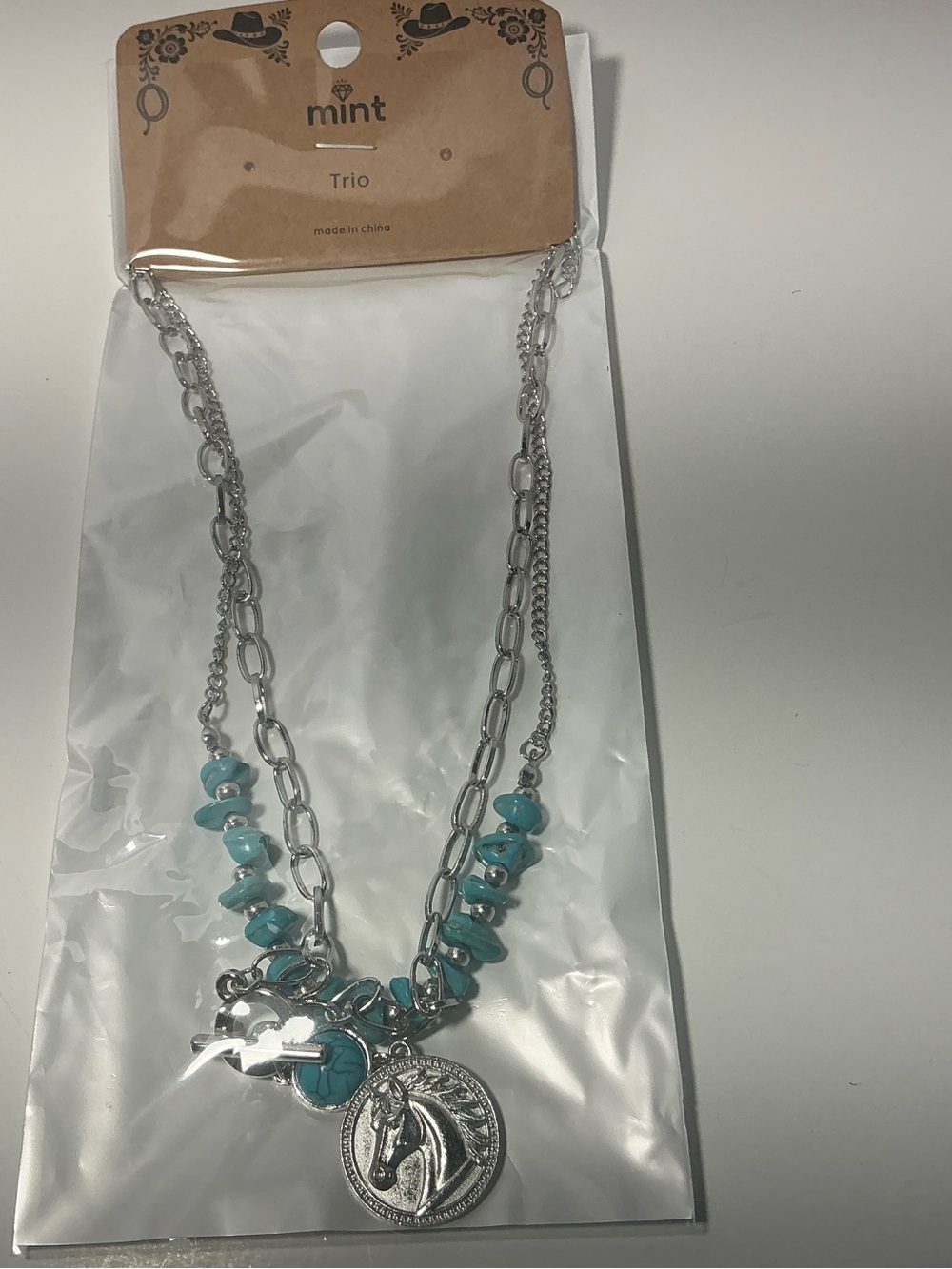 Silver-Tone Layered Necklace with Turquoise Beads and Horse Medallion